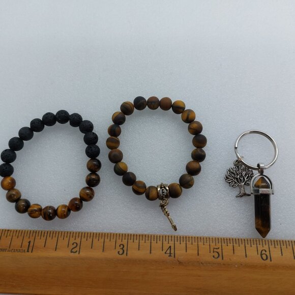 Tigers Eye & Lava Gemstone Stretch Bracelet & Key Chain Matte & Gloss Finish - Picture 6 of 7